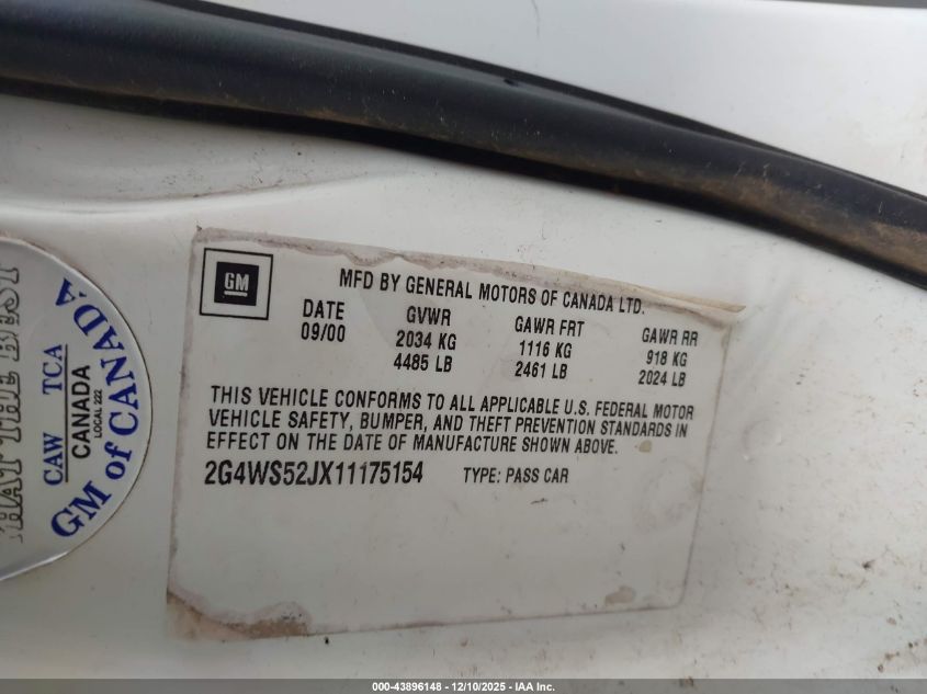 2001 Buick Century Custom VIN: 2G4WS52JX11175154 Lot: 43896148