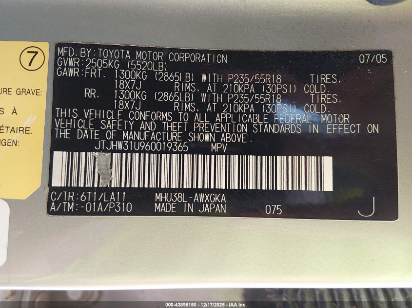 2006 Lexus Rx 400H VIN: JTJHW31U960019365 Lot: 43896150