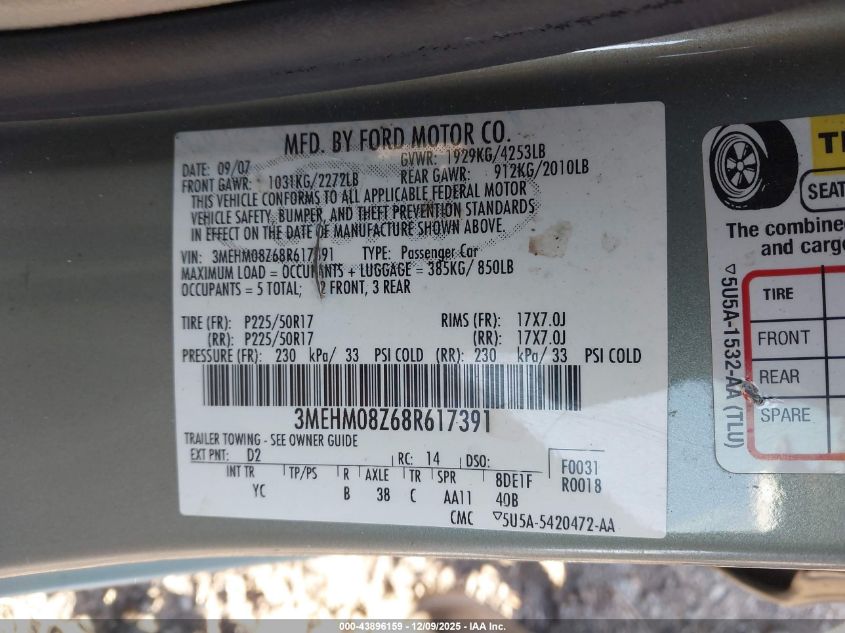 2008 Mercury Milan I4 Premier VIN: 3MEHM08Z68R617391 Lot: 43896159