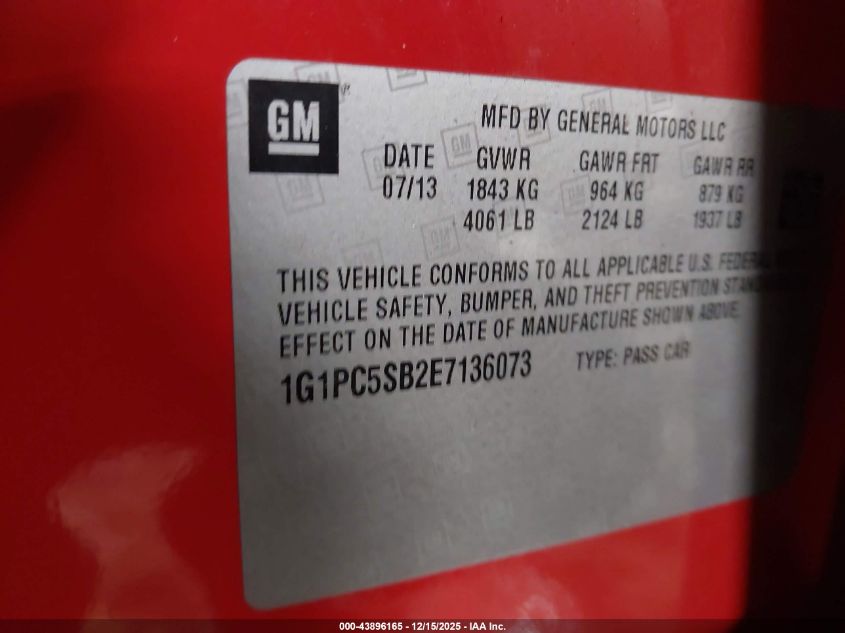 2014 Chevrolet Cruze 1Lt Auto VIN: 1G1PC5SB2E7136073 Lot: 43896165
