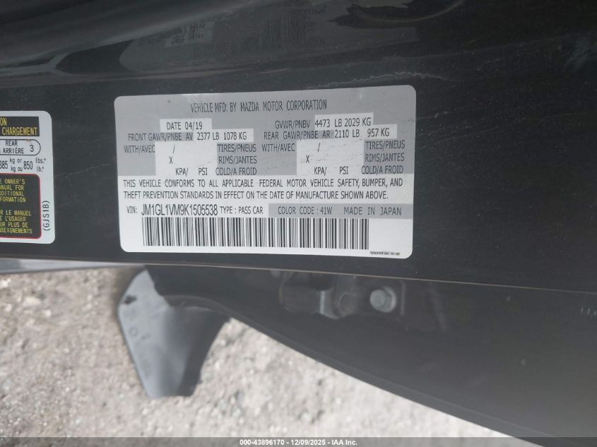 2019 Mazda Mazda6 Touring VIN: JM1GL1VM9K1505538 Lot: 43896170