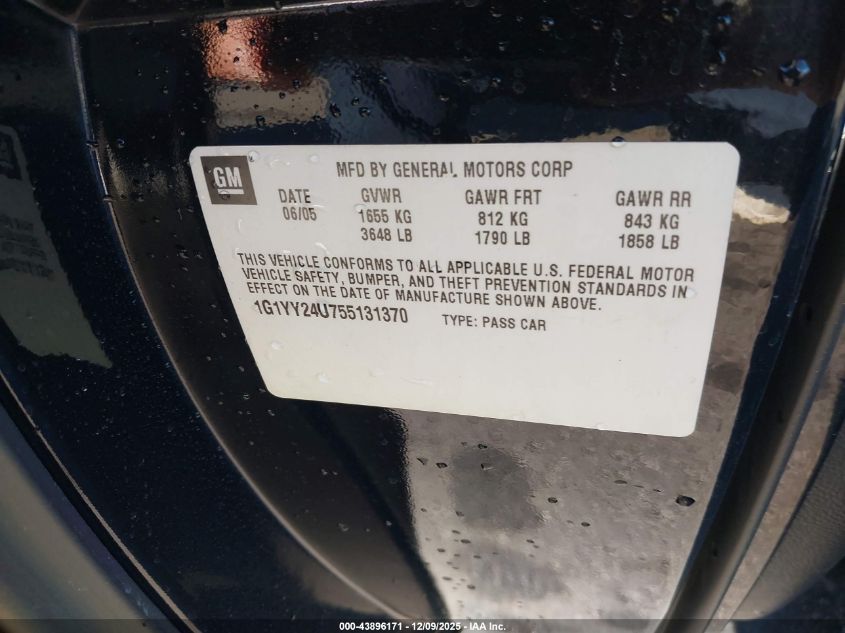 2005 Chevrolet Corvette VIN: 1G1YY24U755131370 Lot: 43896171