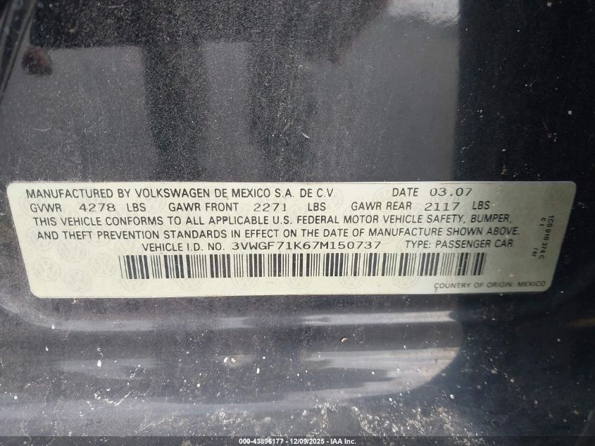 2007 Volkswagen Jetta VIN: 3VWGF71K67M150737 Lot: 43896177