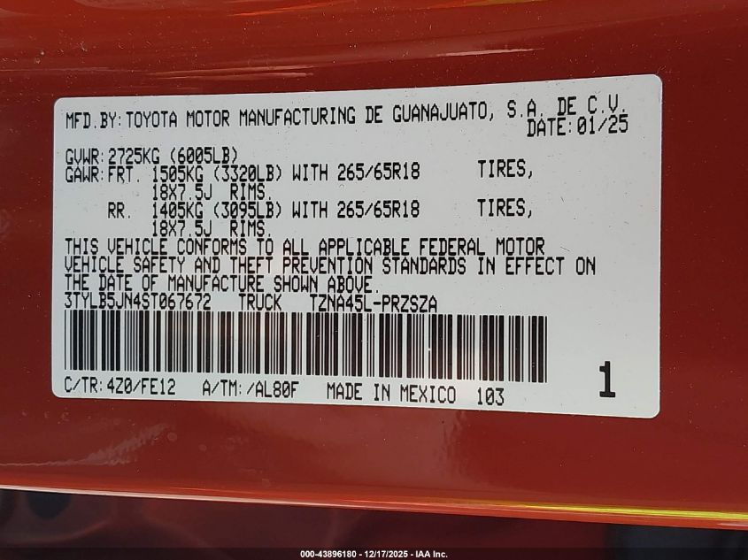 2025 Toyota Tacoma Trd Sport VIN: 3TYLB5JN4ST067672 Lot: 43896180