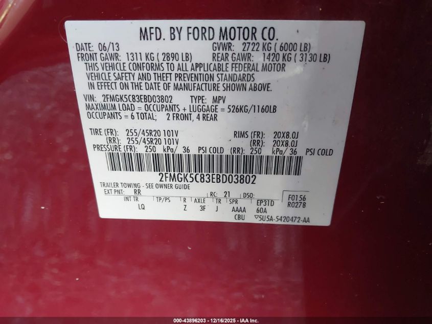 2014 Ford Flex Sel VIN: 2FMGK5C83EBD03802 Lot: 43896203