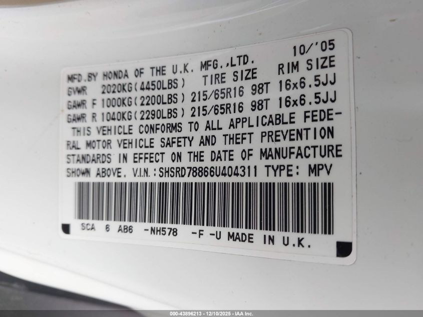 2006 Honda Cr-V Ex VIN: SHSRD78866U404311 Lot: 43896213