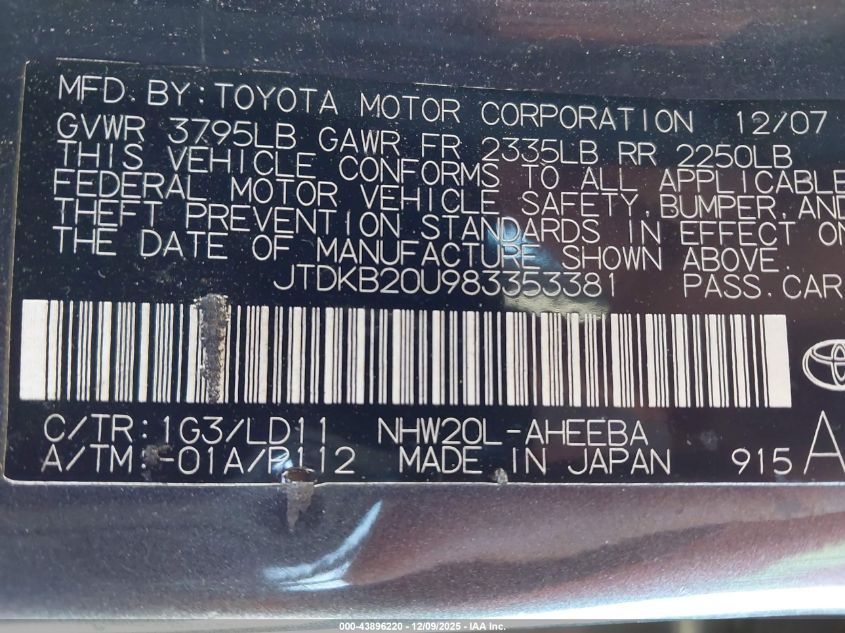 2008 Toyota Prius Touring VIN: JTDKB20U983353381 Lot: 43896220