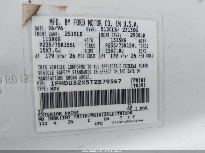 1996 Ford Explorer VIN: 1FMDU32X5TZB79567 Lot: 43896223