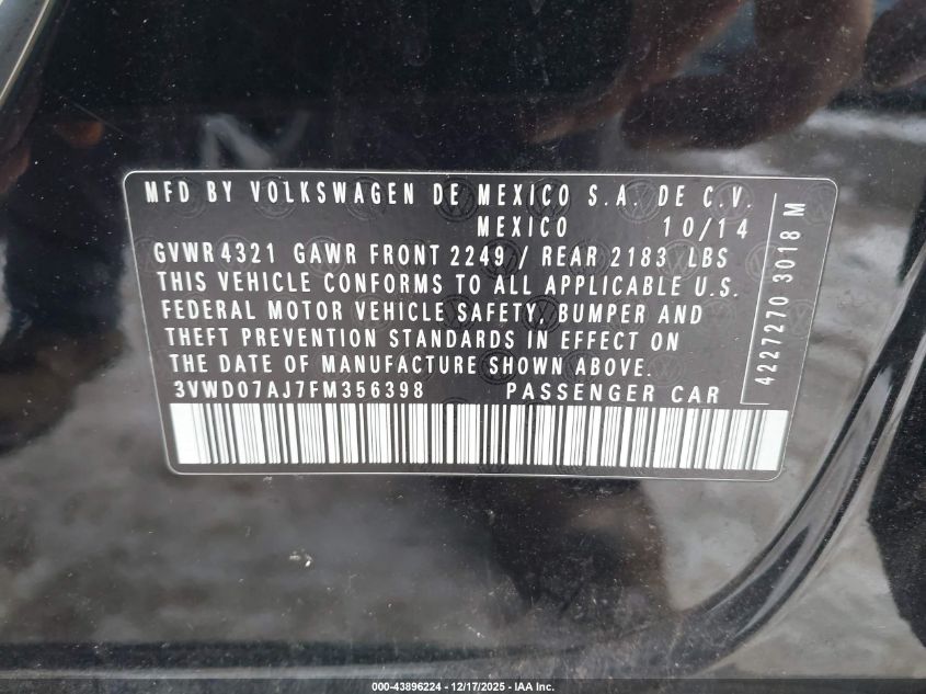 2015 Volkswagen Jetta 1.8T Se VIN: 3VWD07AJ7FM356398 Lot: 43896224