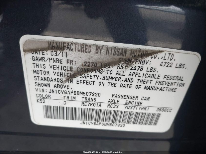 2011 Infiniti G37 Journey VIN: JN1CV6AP6BM507920 Lot: 43896254