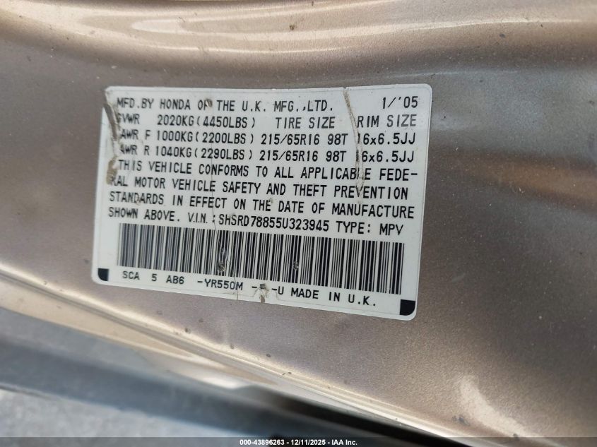 2005 Honda Cr-V Ex VIN: SHSRD78855U323945 Lot: 43896263