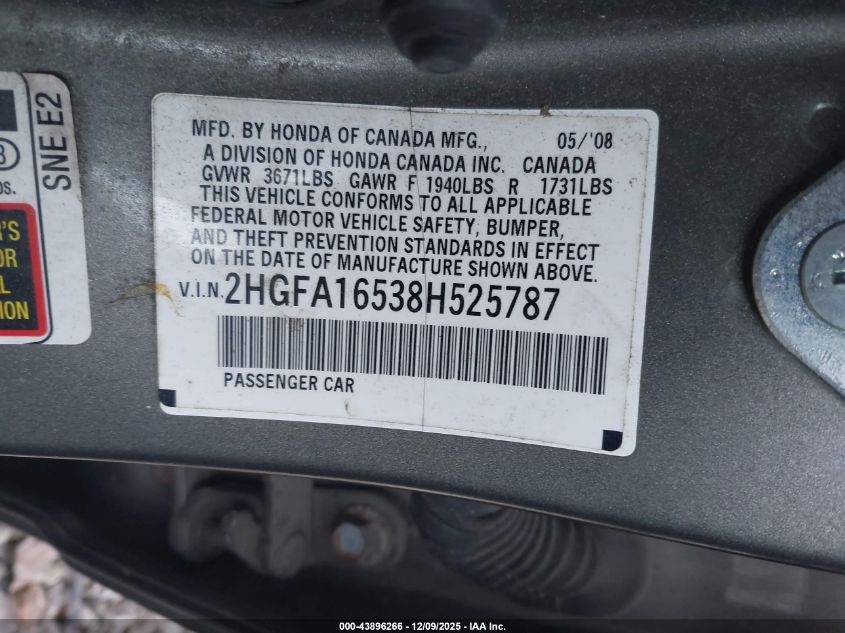 2008 Honda Civic Lx VIN: 2HGFA16538H525787 Lot: 43896266