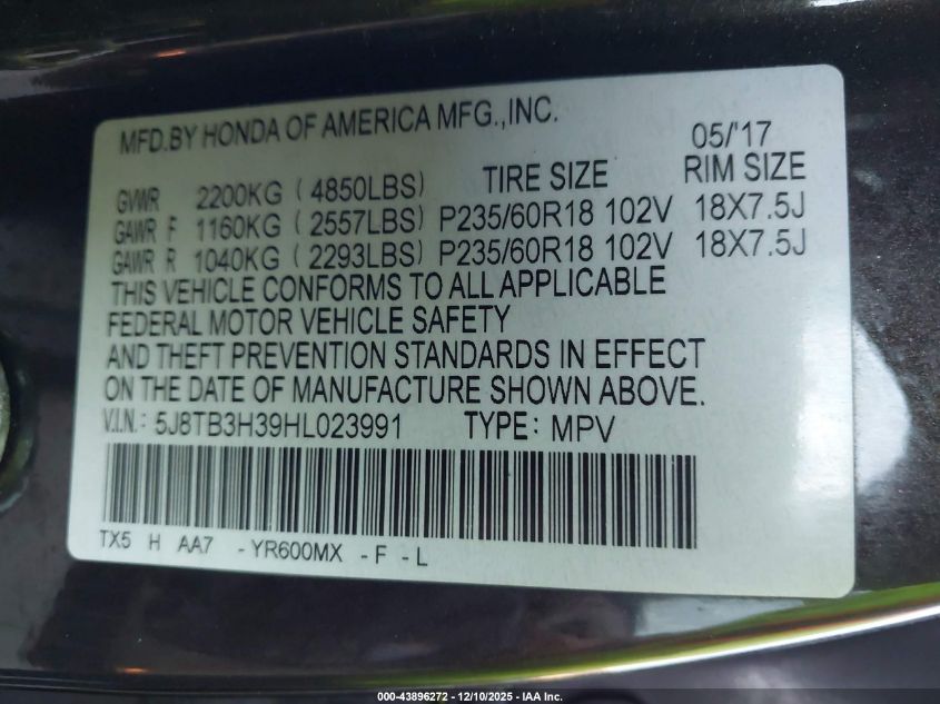 2017 Acura Rdx Acurawatch Plus Package VIN: 5J8TB3H39HL023991 Lot: 43896272