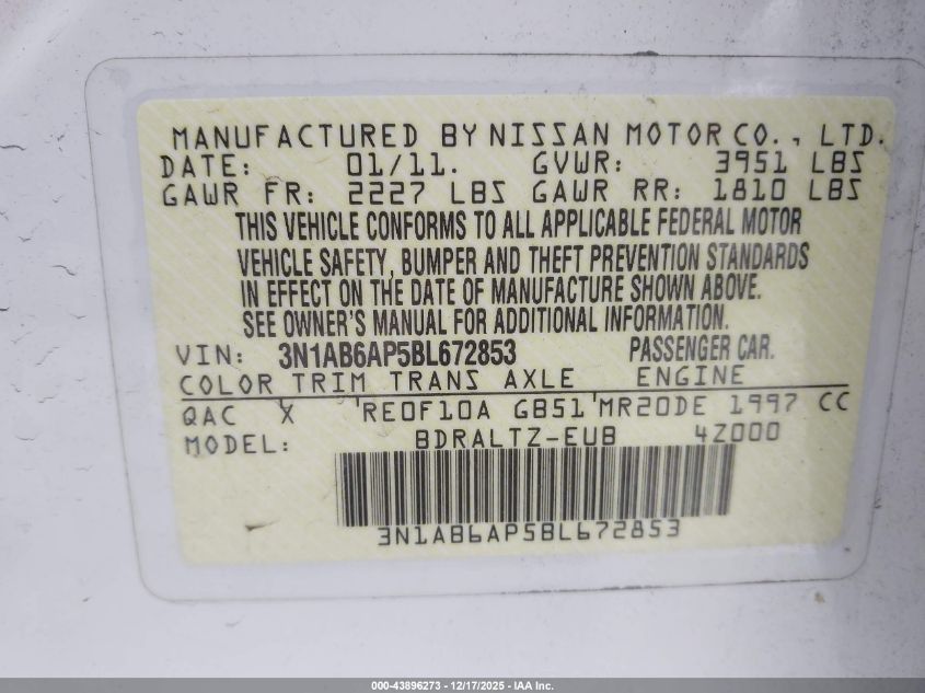 2011 Nissan Sentra 2.0Sr VIN: 3N1AB6AP5BL672853 Lot: 43896273