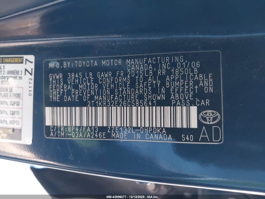 2006 Toyota Matrix VIN: 2T1KR32E26C585641 Lot: 43896277