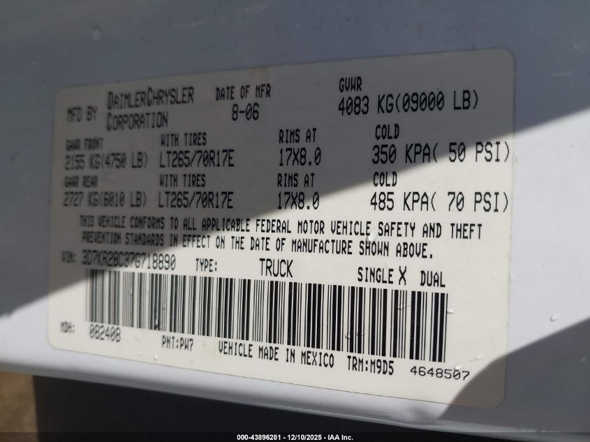 2007 Dodge Ram 2500 Slt/Sport VIN: 3D7KR28C37G718890 Lot: 43896281