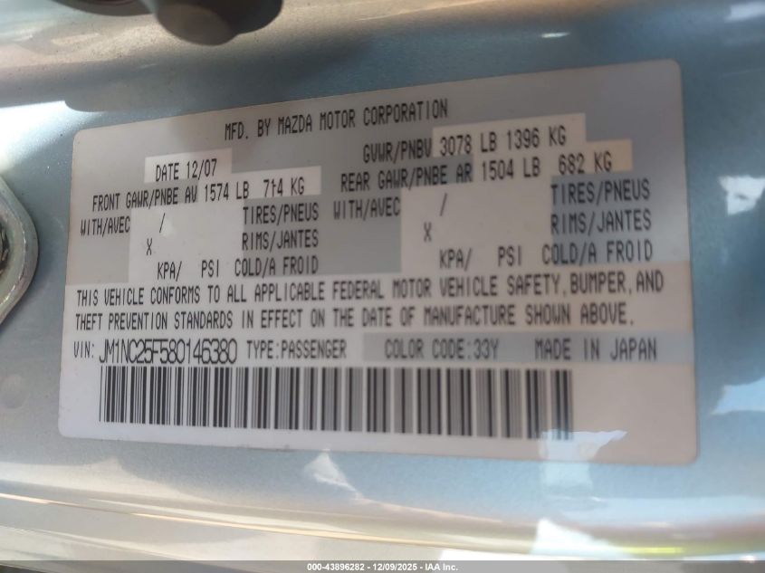 2008 Mazda Mx-5 Special Edition VIN: JM1NC25F580146380 Lot: 43896282