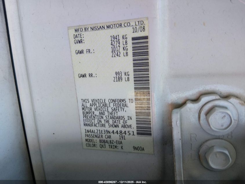 2009 Nissan Altima 2.5 S VIN: 1N4AL21E39N448451 Lot: 43896287