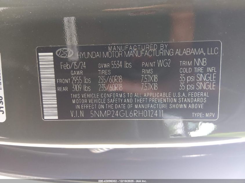 2024 Hyundai Santa Fe Sel VIN: 5NMP24GL6RH012411 Lot: 43896302