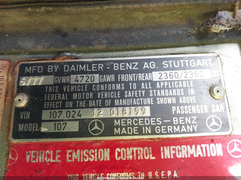 1973 Mercedes-Benz 450Sl VIN: 10702310007896 Lot: 43896305