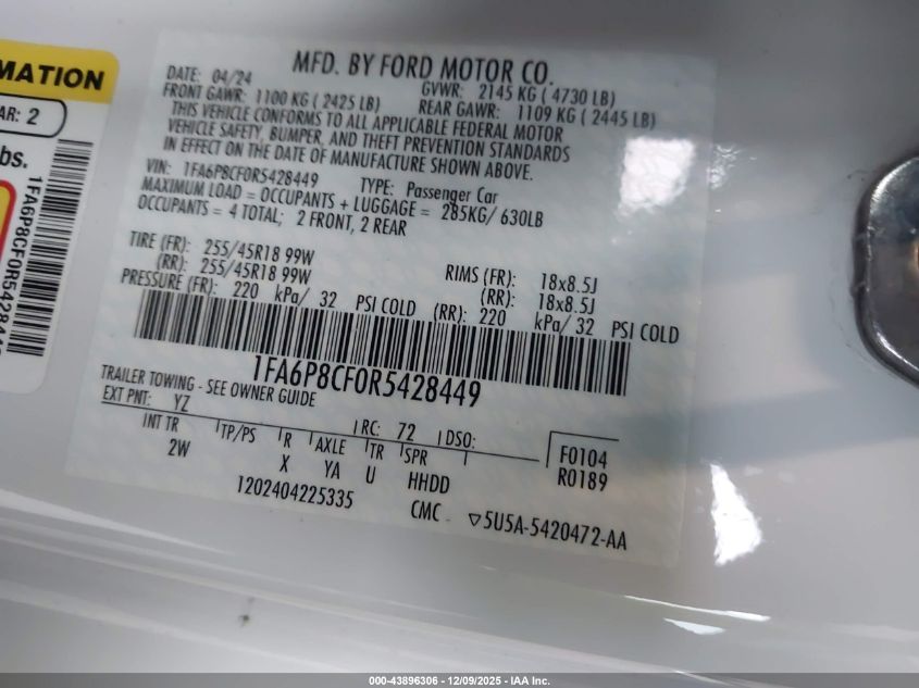 2024 Ford Mustang Gt Fastback VIN: 1FA6P8CF0R5428449 Lot: 43896306