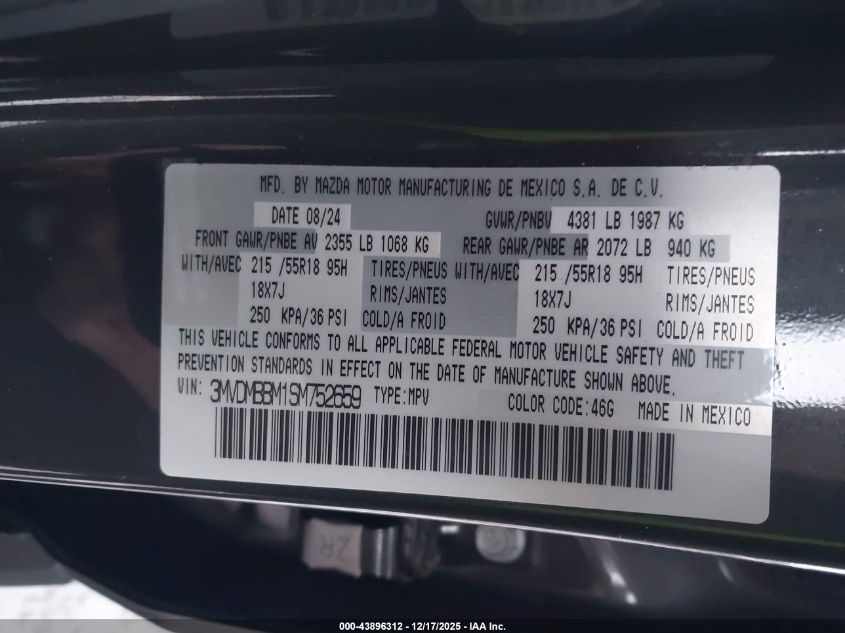 2025 Mazda Cx-30 2.5 S Select Sport VIN: 3MVDMBBM1SM752659 Lot: 43896312