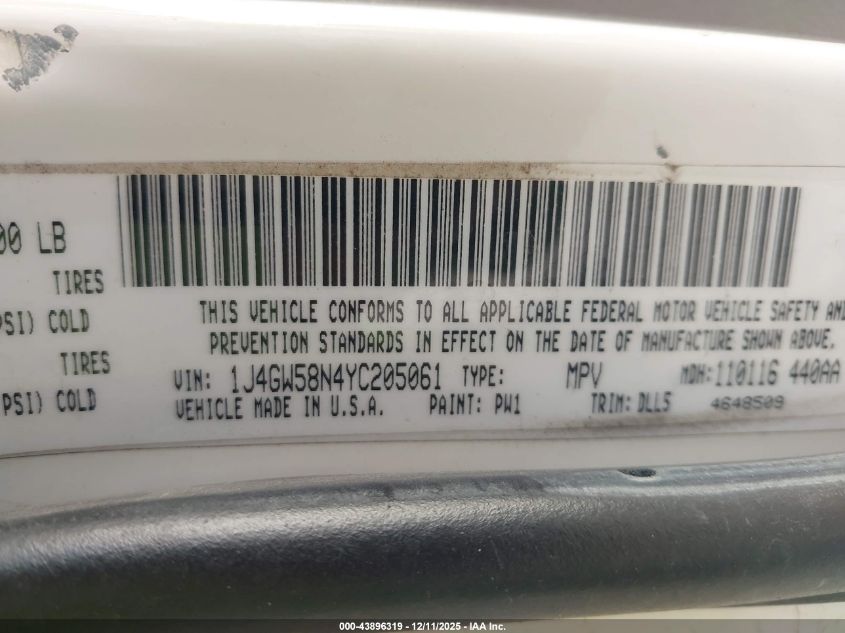 2000 Jeep Grand Cherokee Limited VIN: 1J4GW58N4YC205061 Lot: 43896319