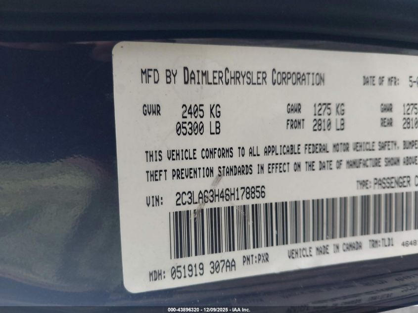 2006 Chrysler 300C VIN: 2C3LA63H46H178856 Lot: 43896320