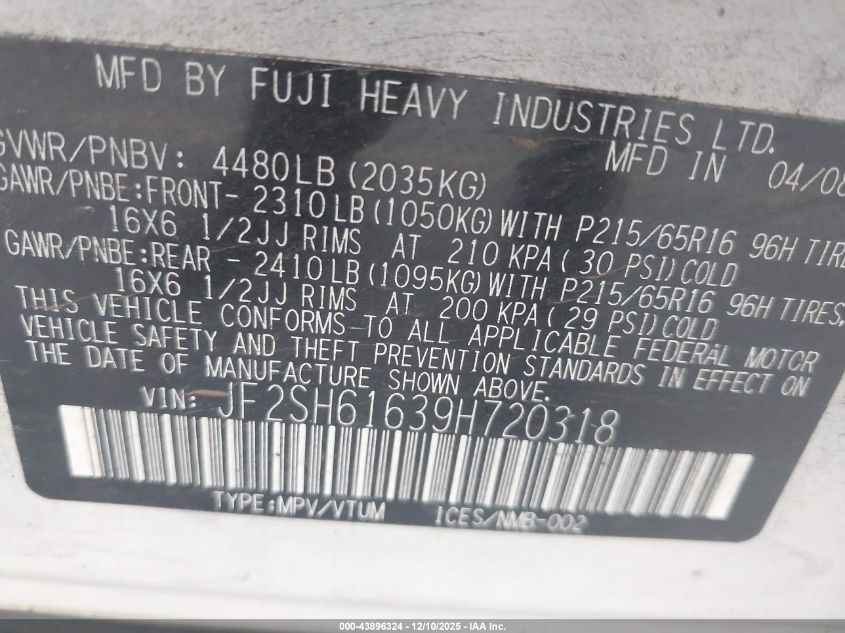 2009 Subaru Forester 2.5X VIN: JF2SH61639H720318 Lot: 43896324