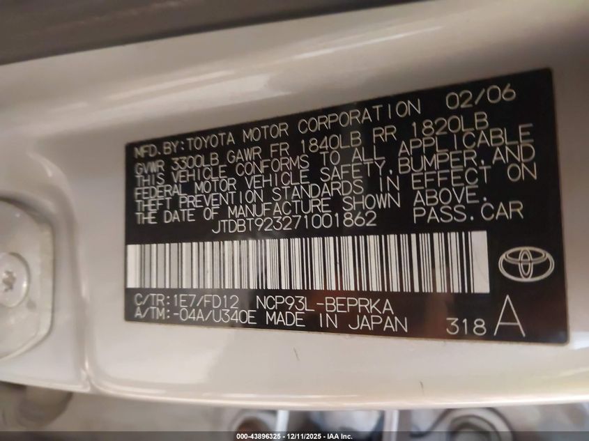 2007 Toyota Yaris VIN: JTDBT923271001862 Lot: 43896325