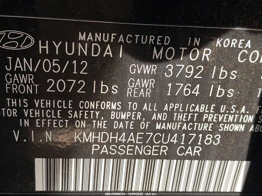 2012 Hyundai Elantra Limited (Ulsan Plant) VIN: KMHDH4AE7CU417183 Lot: 43896334