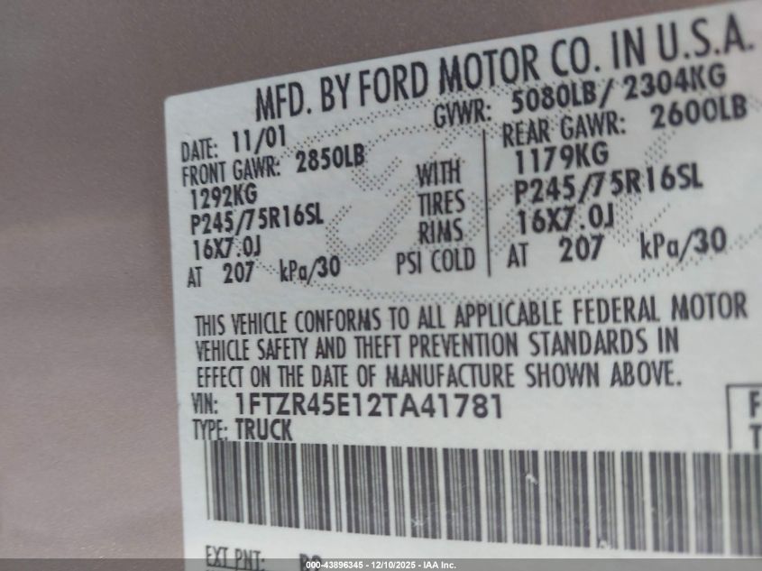 2002 Ford Ranger Edge/Xlt VIN: 1FTZR45E12TA41781 Lot: 43896345