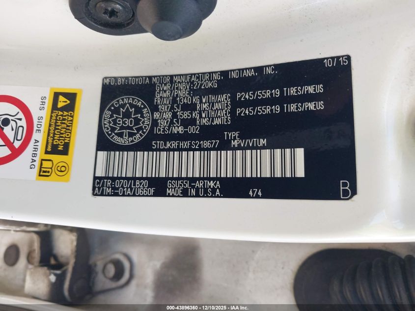 2015 Toyota Highlander Xle VIN: 5TDJKRFHXFS218677 Lot: 43896360