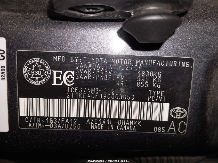 2009 Toyota Matrix Xr VIN: 2T1KE40E19C003053 Lot: 43896368