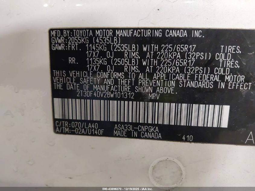 2011 Toyota Rav4 Limited VIN: 2T3DF4DV2BW101312 Lot: 43896370