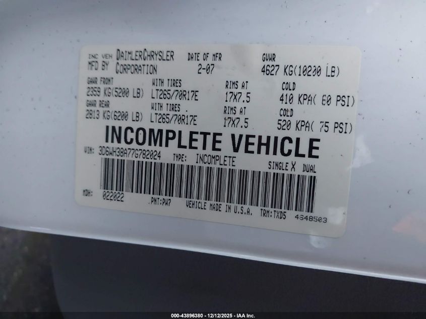 2007 Dodge Ram 3500 Hd Chassis St/Slt/Laramie VIN: 3D6WH38A77G782024 Lot: 43896380