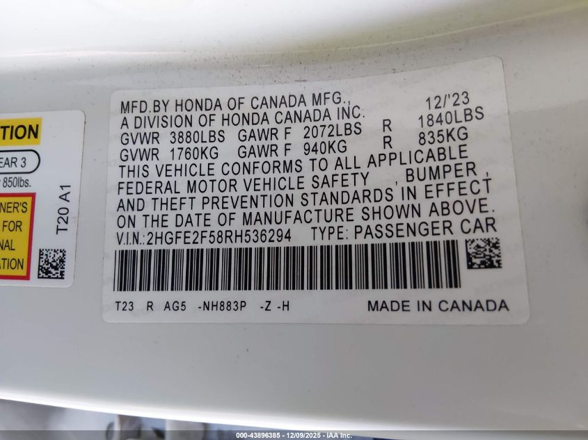 2024 Honda Civic Sport VIN: 2HGFE2F58RH536294 Lot: 43896385