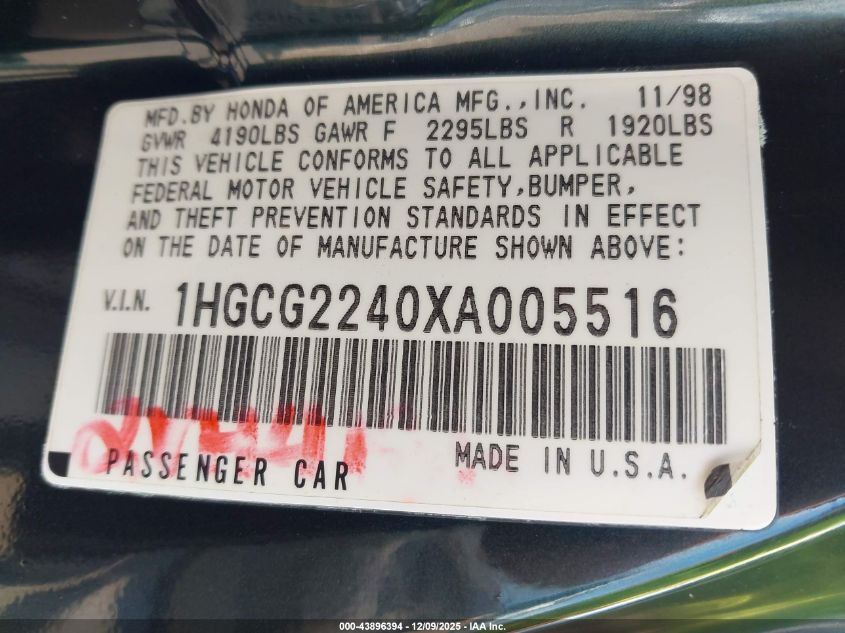 1999 Honda Accord Lx V6 VIN: 1HGCG2240XA005516 Lot: 43896394