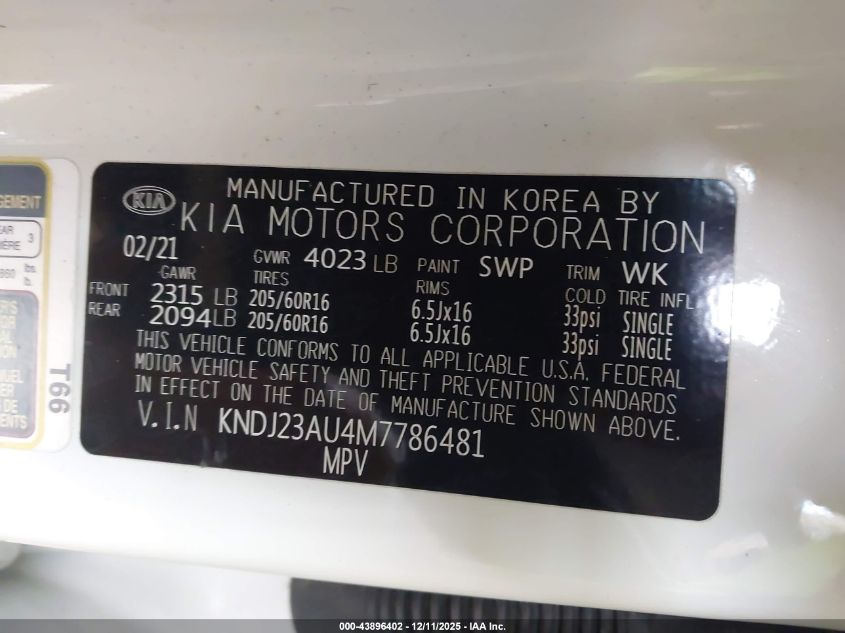 2021 Kia Soul S VIN: KNDJ23AU4M7786481 Lot: 43896402