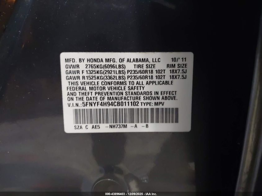 2012 Honda Pilot Touring VIN: 5FNYF4H94CB011102 Lot: 43896403