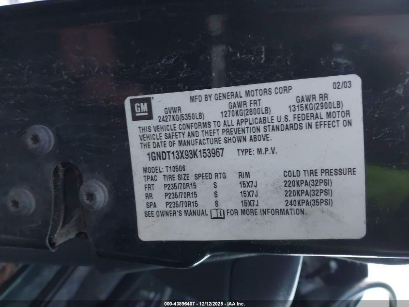 2003 Chevrolet Blazer Ls VIN: 1GNDT13X93K153967 Lot: 43896407