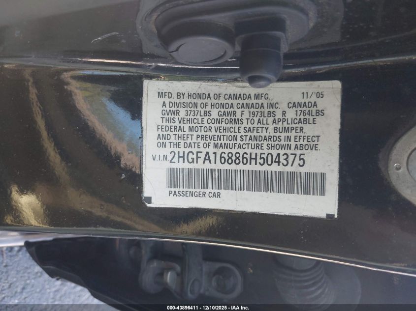 2006 Honda Civic Ex VIN: 2HGFA16886H504375 Lot: 43896411