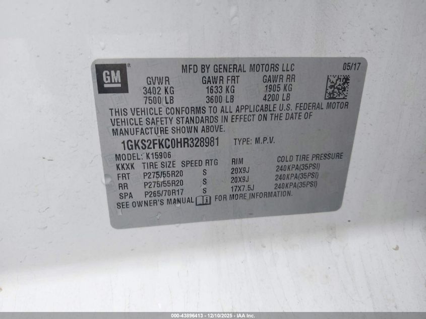 2017 GMC Yukon Xl Sle VIN: 1GKS2FKC0HR328891 Lot: 43896413