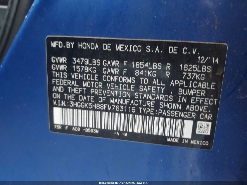 2015 Honda Fit Ex/Ex-L VIN: 3HGGK5H88FM763116 Lot: 43896416