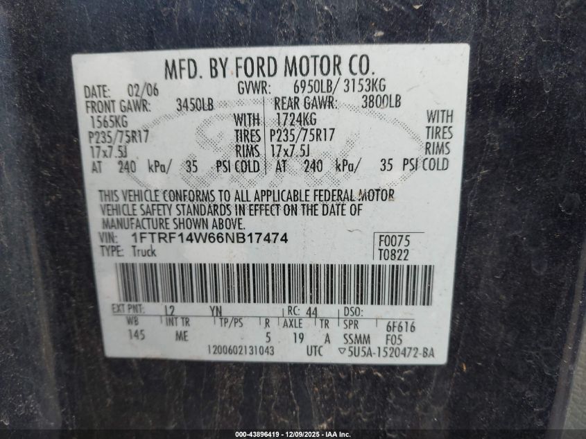 2006 Ford F-150 Stx/Xl/Xlt VIN: 1FTRF14W66NB17474 Lot: 43896419