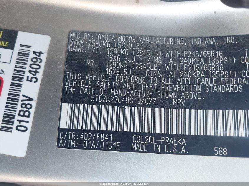 2008 Toyota Sienna Ce VIN: 5TDZK23C48S107077 Lot: 43896440