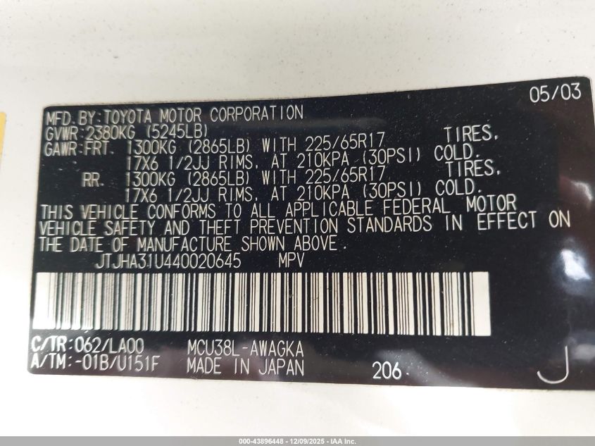 2004 Lexus Rx 330 VIN: JTJHA31U440020645 Lot: 43896448