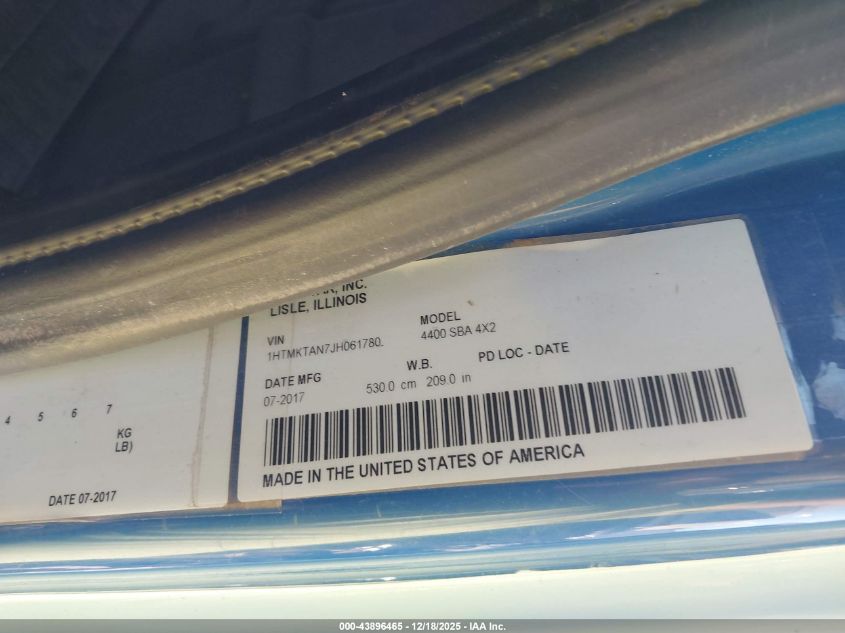 2018 International Durastar 4400 VIN: 1HTMKTAN7JH061780 Lot: 43896465