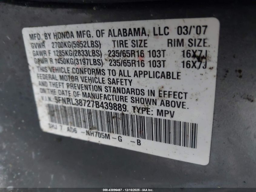 2007 Honda Odyssey Ex-L VIN: 5FNRL38727B439889 Lot: 43896467