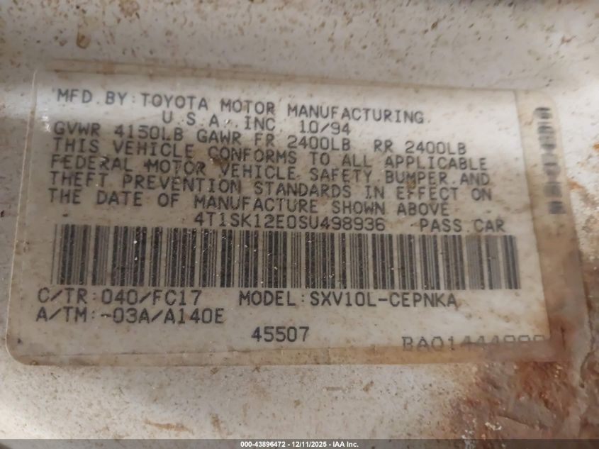 1995 Toyota Camry Le VIN: 4T1SK12E0SU498936 Lot: 43896472